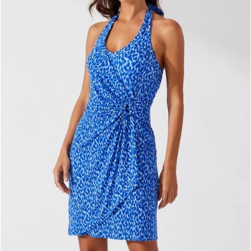 NEW Tommy Bahama Clara CHIC CHEETAH Faux-Wrap Halter Dress COBALT SEA blue
